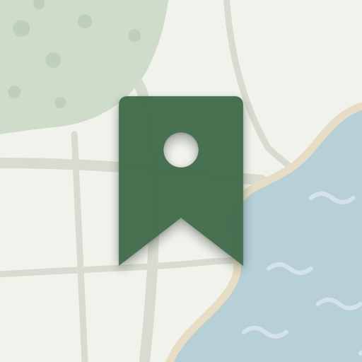 The Placemoir app icon: a moss glass bookmark over a coastal paper map