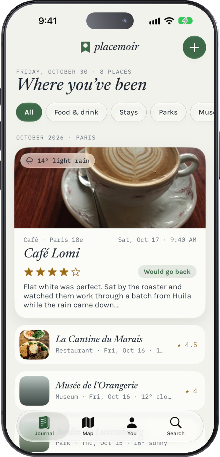 The Placemoir journal on iPhone: Café Lomi in Paris with four stars, a photo of a flat white, 14° light rain and the note “Flat white was perfect,” followed by La Cantine du Marais and Musée de l’Orangerie.