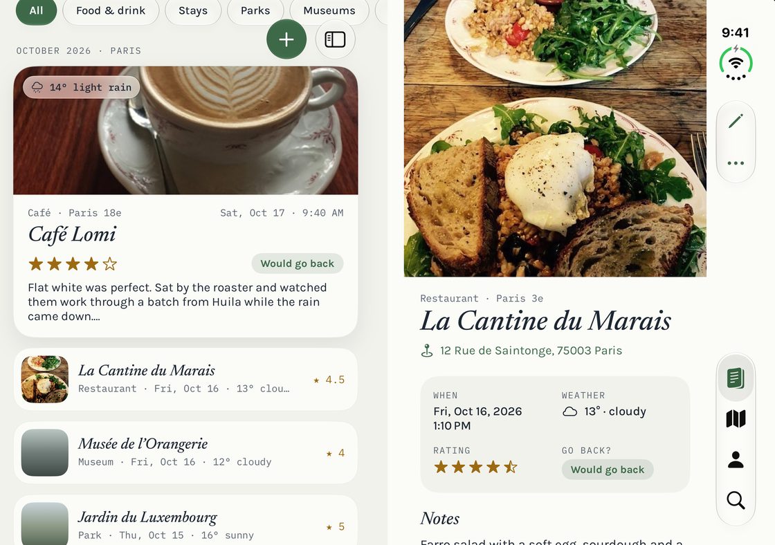 Two entries side by side on an iPhone Duo: Café Lomi and La Cantine du Marais.