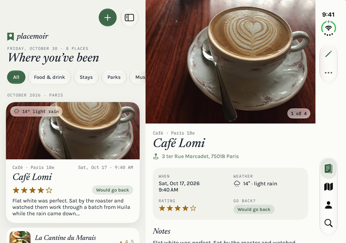Placemoir on an open iPhone Duo: the journal on the left half and the Café Lomi entry on the right.