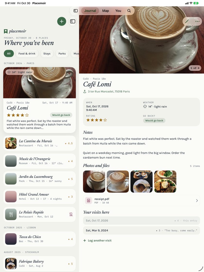 Placemoir on iPad: the journal in a sidebar beside the Café Lomi entry with its photo, weather, rating, notes and photos.