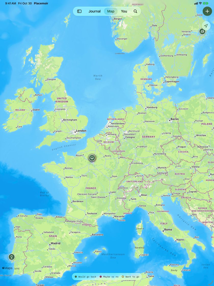 A full-screen map of Europe on iPad with your places pinned.