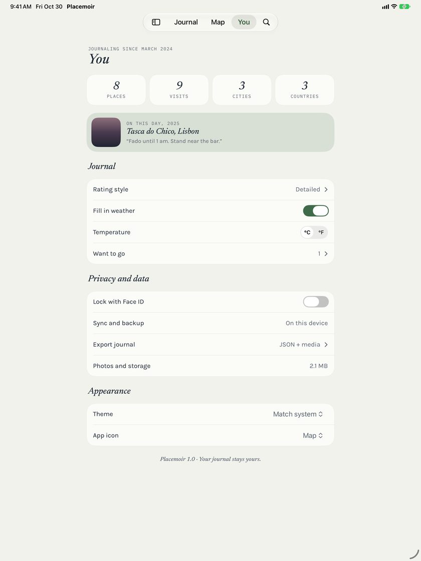The You tab on iPad with journal stats, On this day, and settings.