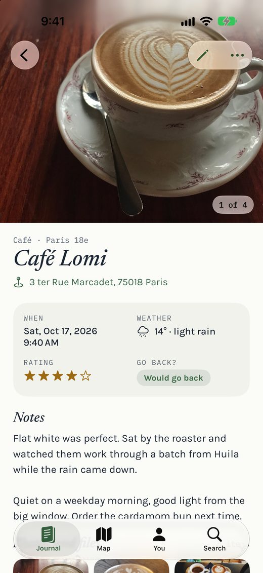The Café Lomi entry on iPhone: a photo of a flat white, the address, Saturday 17 October at 9:40, 14° light rain, four stars and Would go back, then the notes.
