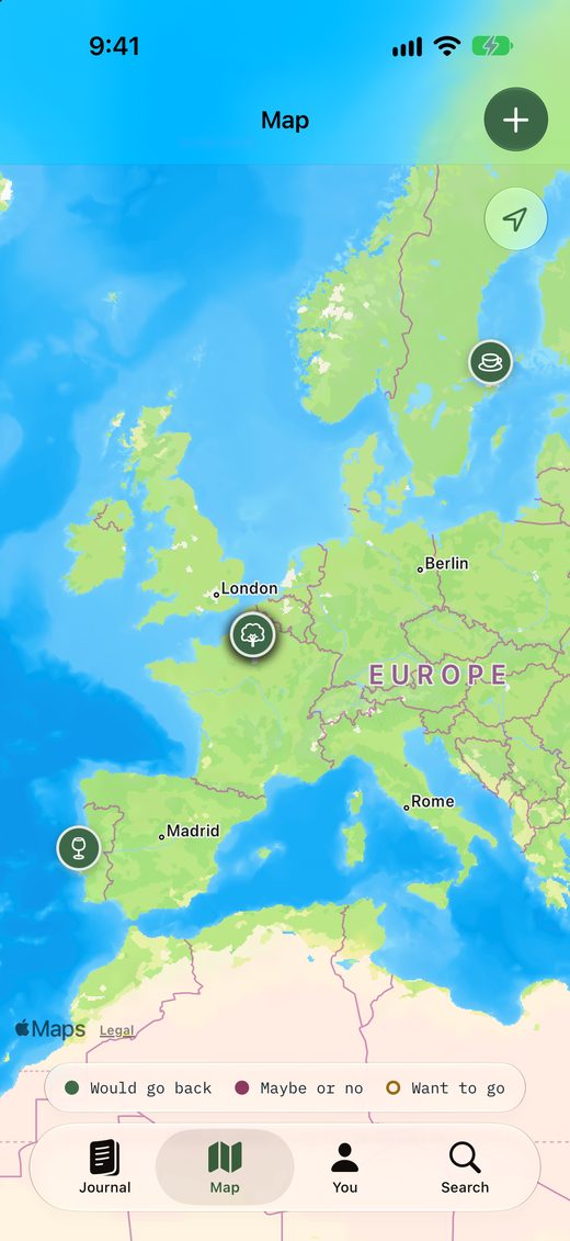 A map of Europe on iPhone with pins in Paris, Lisbon and Stockholm, and a legend for Would go back, Maybe or no, and Want to go.