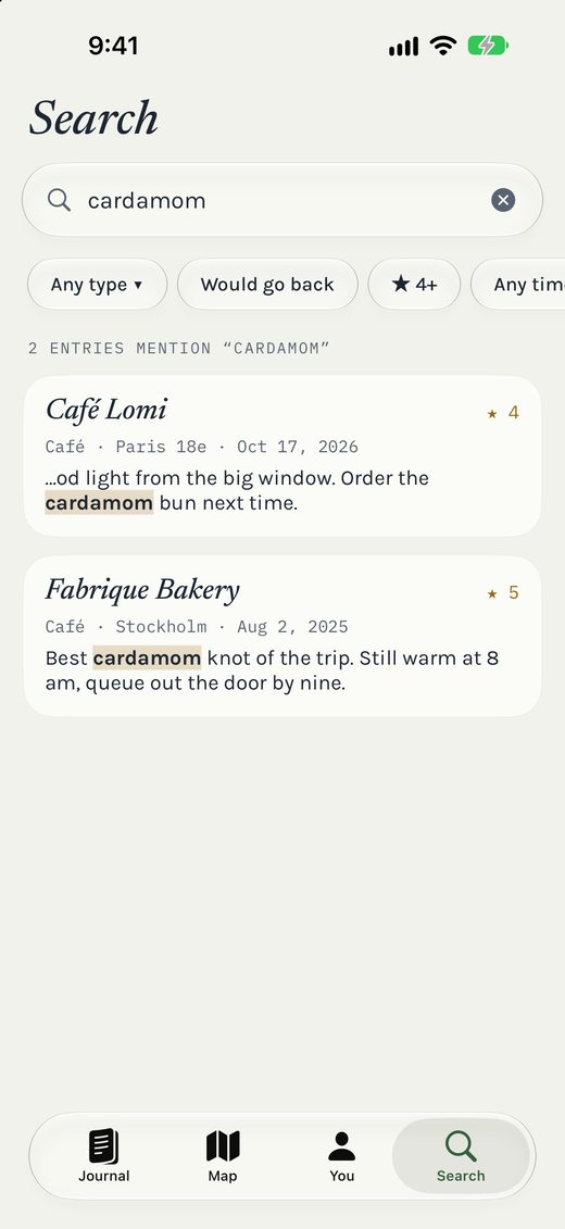 Searching for “cardamom” on iPhone finds Café Lomi in Paris and Fabrique Bakery in Stockholm, with the word highlighted in each note.