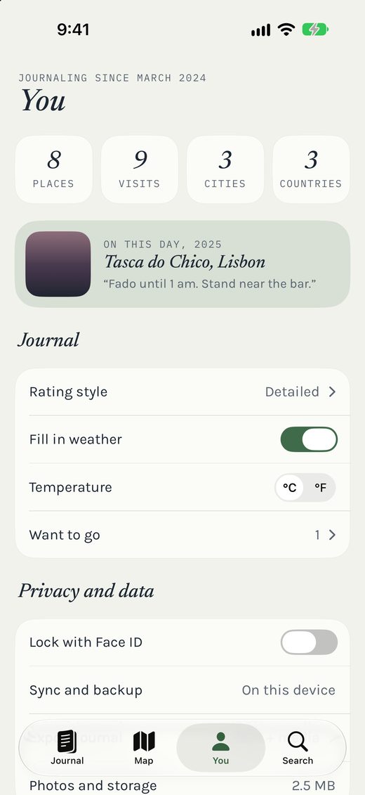 The You tab on iPhone: 8 places, 9 visits, 3 cities and 3 countries, an On this day memory of Tasca do Chico in Lisbon, and settings.